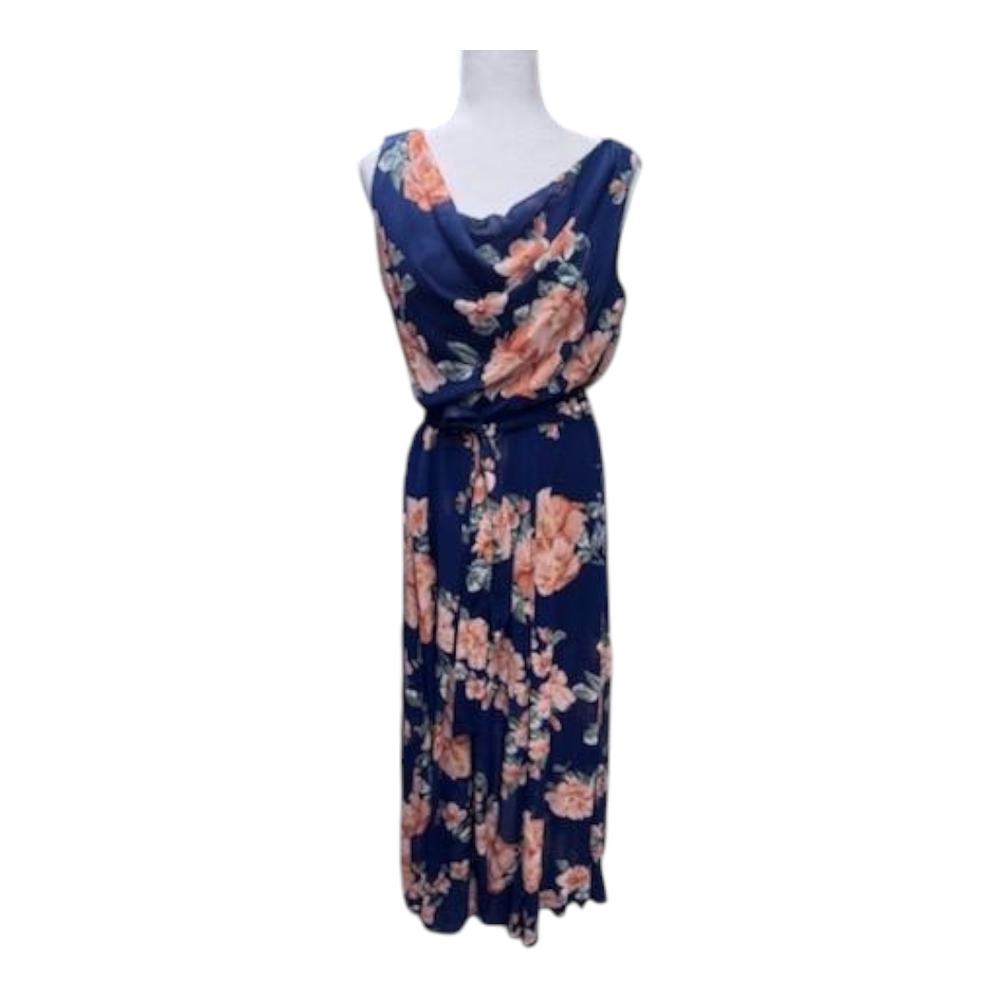 Alexa B Cowl Neck Sleeveless Navy Maxi Dress with Peach Floral